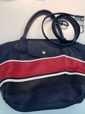 LONGCHAMP leather blue red colorblock Le Pliage Cuir satchel tote strap bag